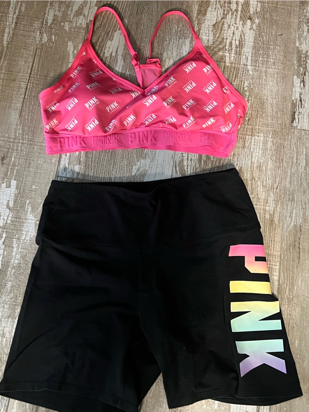 EUC!PINK💗VS 2-PIECE SET-L! Black MultiColorLogo Bike Shorts&Pink LOGO Sport Bra!
